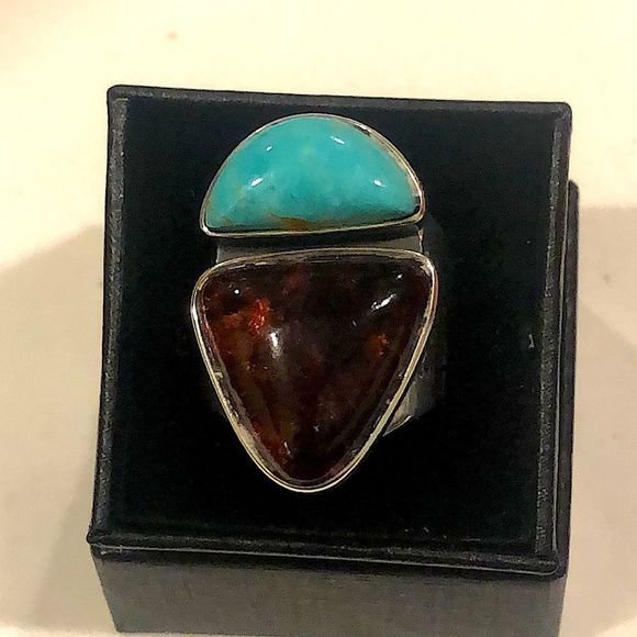 JAY KING Desert Rose Trading Company Turquoise Amber Sterling Silver Ring 8-3/4 - Picture 15 of 16